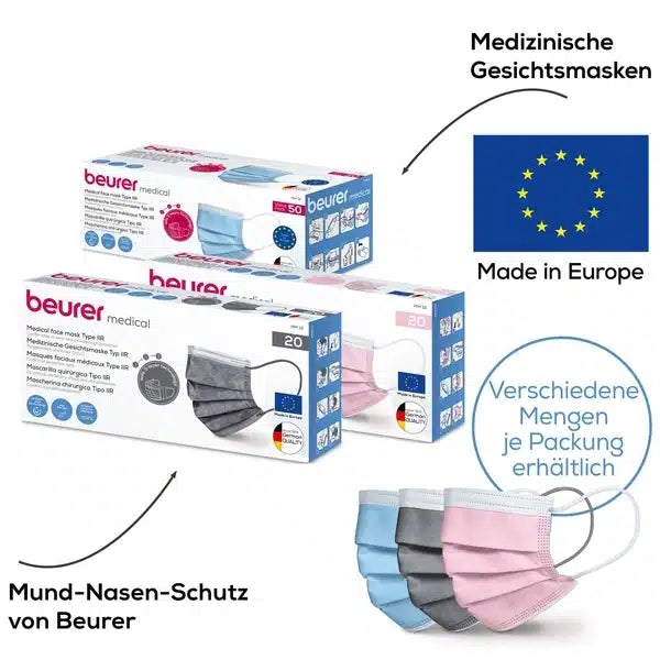Verpackung für medizinische Gesichtsmasken der Beurer GmbH mit europäischen Flaggen und dem Text „Made in Europe“. In verschiedenen Mengen erhältlich. Unten sind vier Beurer OP-Masken in rosa MM 15 – 20 Stück | Packung (20 Stück) in den Farben Blau, Grau, Rosa (rosa OP-Masken) und Weiß abgebildet. Der Text ist in Deutsch.