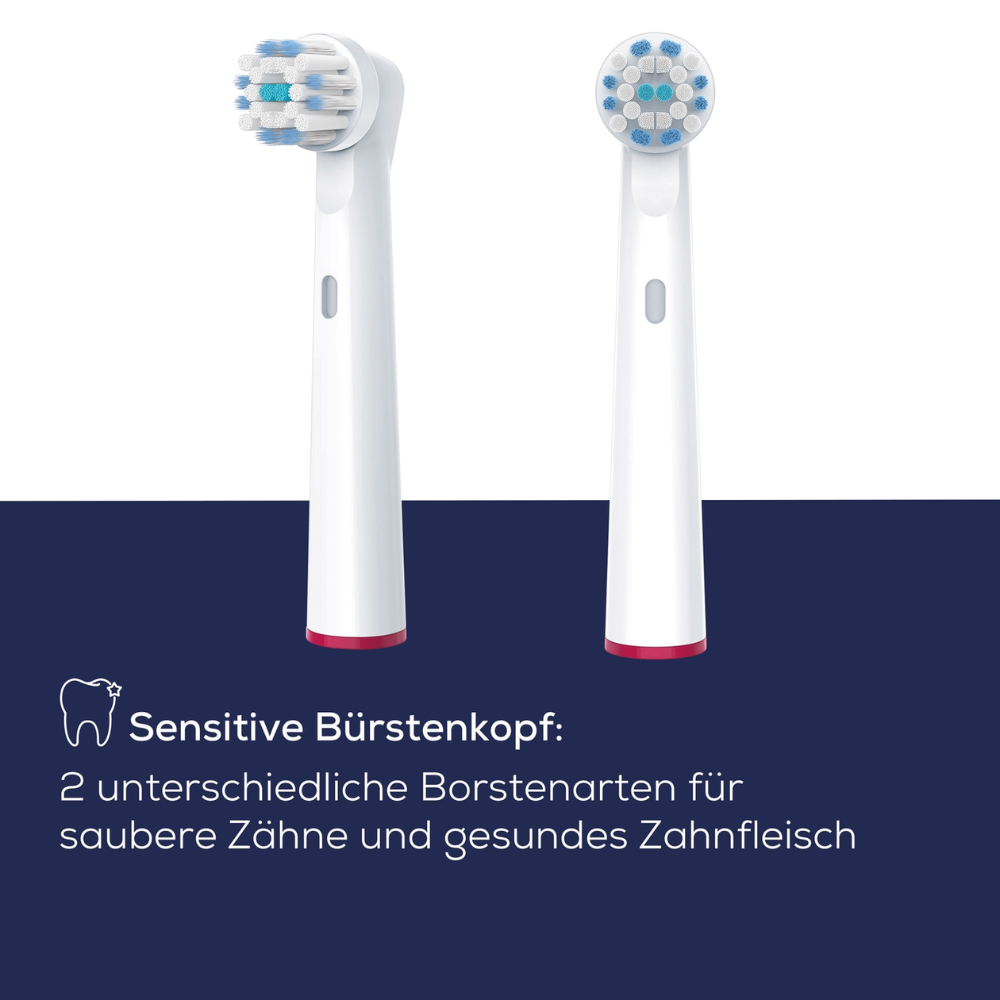 Two white electric toothbrush heads against a dark blue background. The text below reads: "Beurer Sensitive brush head for TB 30 / TB 50: 2 different types of bristles for clean teeth and healthy gums." with a small tooth icon. Compatible with rotating toothbrushes, replacement set available. Brand: Beurer GmbH.
