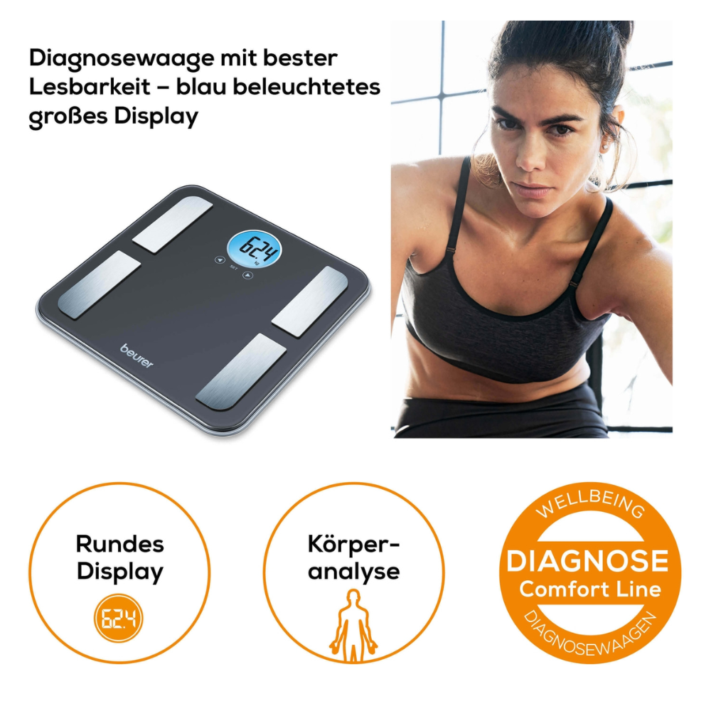 The image shows a Beurer BF 195 diagnostic scale of Beurer GmbH. It is a digital diagnostic scale with body analysis function and blue LCD display. Next to the scale stands a woman in sports clothing. Key features include the clear, round display and comprehensive full body analysis. The labels read 'Round Display', 'Body Analysis', and 'Diagnostic Comfort Line'.