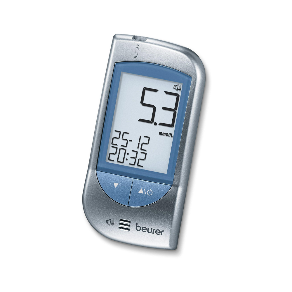 A digital Beurer blood glucose meter GL 34 mmol/L with a reading of 5.3 mmol/L features a display that also shows the date 25-12 and the time 20:32. The elegant silver-blue device with the „Beurer“ logo at the bottom is part of a practical starter set from Beurer GmbH.