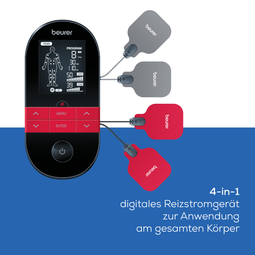 A black-red digital device with the brand "Beurer" is visible. It features several buttons and a screen showing a human figure with customizable EMS programs. Attached are four electrode pads in different colors: two gray, one light gray, and one red. The German text indicates that it is the "Beurer Digital TENS/EMS EM 59 with heat function | Package (1 piece)" from Beurer GmbH.