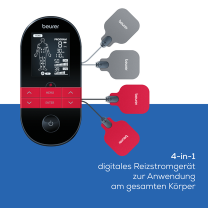 A black-red digital device with the brand "Beurer" is visible. It features several buttons and a screen showing a human figure with customizable EMS programs. Attached are four electrode pads in different colors: two gray, one light gray, and one red. The German text indicates that it is the "Beurer Digital TENS/EMS EM 59 with heat function | Package (1 piece)" from Beurer GmbH.