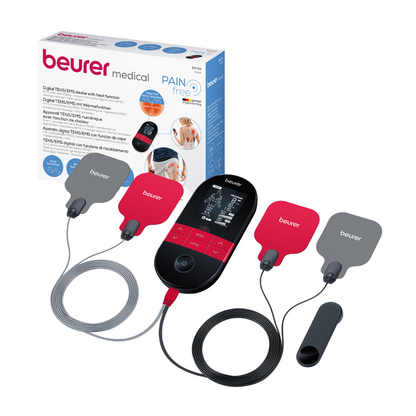 The image shows a Beurer Digital TENS/EMS EM 59 with heat function device from Beurer GmbH. The device features a large display with wires connected to four electrodes, two of which are red and two are gray. In the background, the packaging box with the inscription "Beurer Digital TENS/EMS EM 59 with heat function | Package (1 piece)" can also be seen.