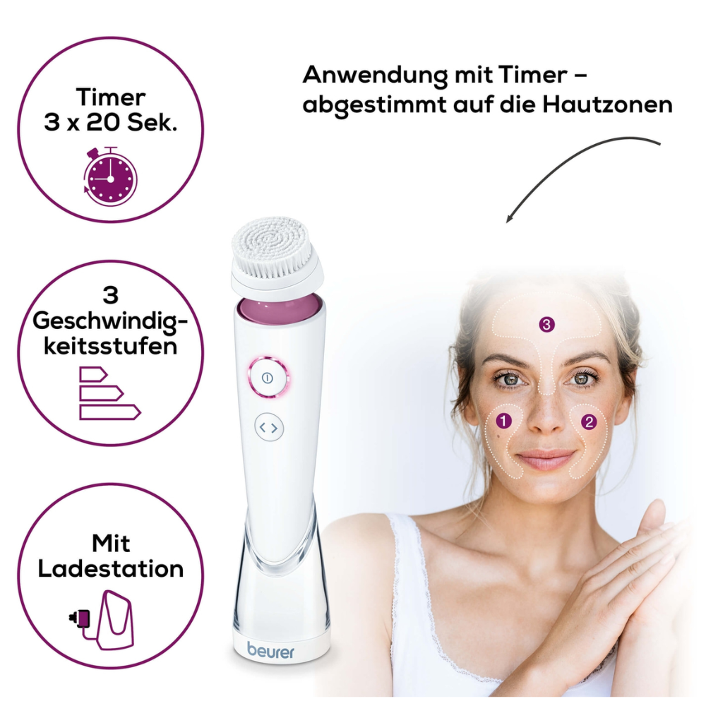 An image shows a white Beurer FC 95 facial brush Pureo Deep Cleansing by Beurer GmbH, with three buttons. Symbols indicate “Timer 3 x 20 sec”, “3 speed levels”, and “With charging station”. Depicted is a woman with the deep cleansing device with numbered facial zones. The text reads “Application with timer – tailored to the skin zones”.