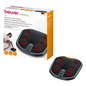 The image shows the Beurer FM 70 Shiatsu foot and back massager and highlights its optional heat function. The black device features visible red massage nodes and several control buttons. The packaging includes a photo of a person enjoying the foot and back massage, as well as product details in multiple languages.