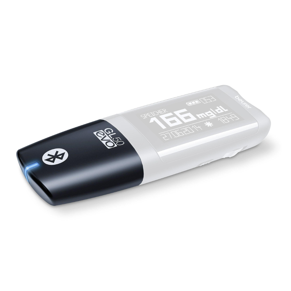 The black-and-white Beurer GL 50 evo blood glucose meter displays glucose, battery, and date on its screen; a Bluetooth symbol at the top allows data transmission via the Beurer GL 50 evo Bluetooth adapter (discontinued item, 1 piece).