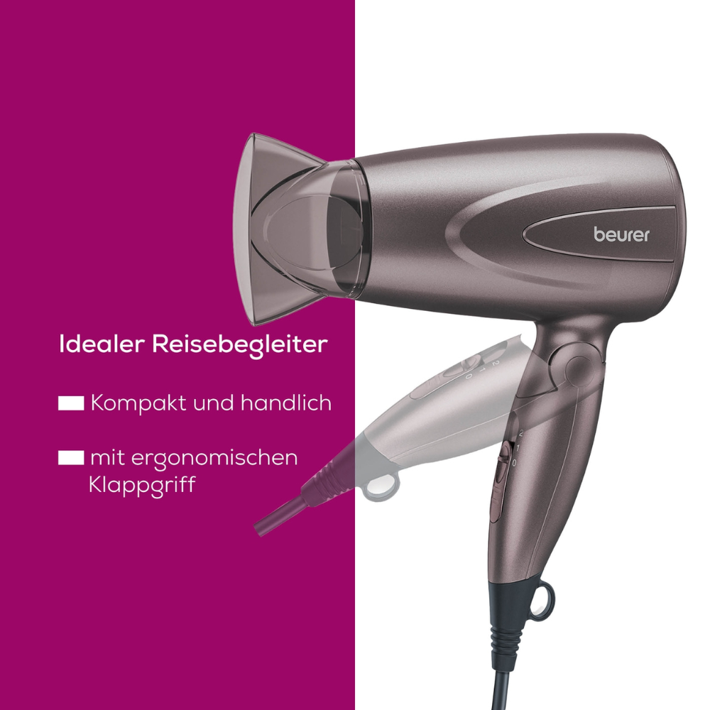 An advertisement image shows the compact, portable Beurer HC 17 Foldable Compact Hairdryer from Beurer GmbH. The texts next to it read “Ideal travel companion”, “Compact and handy” and “with ergonomic foldable handle” highlighting the practical travel size and the ergonomic design of the foldable handle, perfect for maintaining performance on the go.