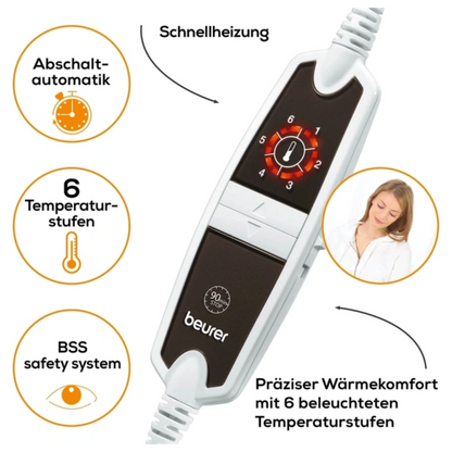 Image of the Beurer HK 115 Cosy Heating Pad control unit by Beurer GmbH with six temperature settings (6 heat levels), illuminated displays, quick heating function, automatic shut-off feature, and BSS safety system. The text labels in German explain these features and highlight the XXL heating pad. An OEKO-TEX® STANDARD 100 certification label is also visible. In the lower right corner of the image, a smiling woman can be seen.