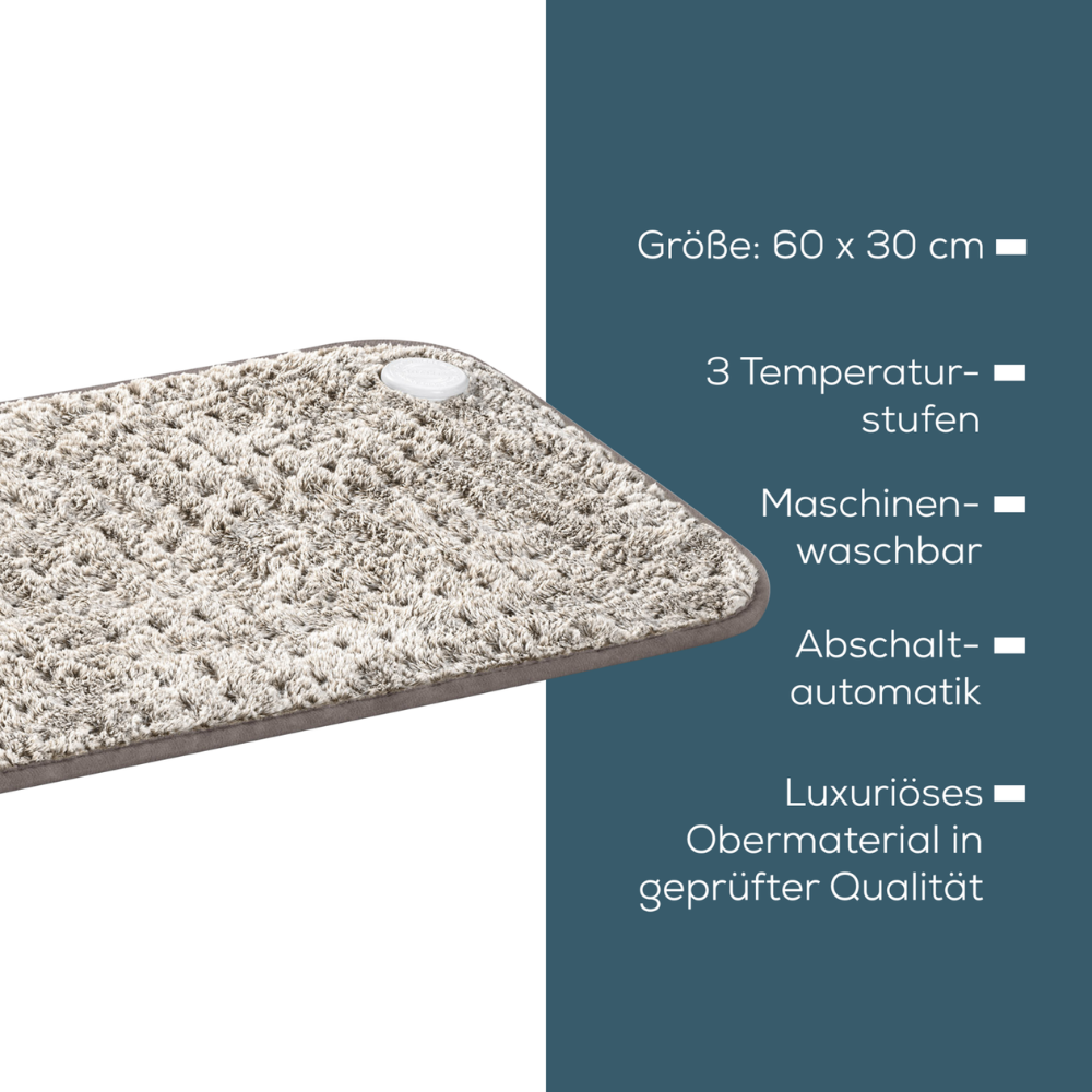 A heating mat labeled Beurer HK 123 XXL Nordic heating pad is shown with a textured surface and a control button in the corner. The text lists features including an XXL format of 60 x 30 cm, 3 heat settings, machine washability, automatic shut-off, and high-quality luxurious material. The background is gray and blue.