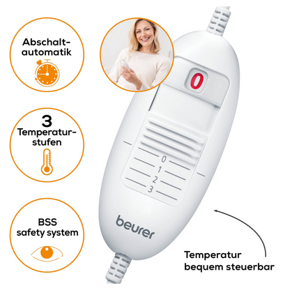 The Beurer HK 35 heating pad of the Beurer GmbH is a white control device with an on/off switch and three temperature settings. The symbols indicate an automatic shut-off function, three available temperature levels, and the BSS safety system. The product, certified according to OEKO-TEX® STANDARD 100, also features a round insert with a smiling person using it.