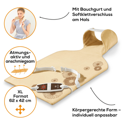 A person is holding a flexible Beurer HK 58 back/neck heating pad from Beurer GmbH with an adjustable strap. The pillow, specially designed for neck and back, features characteristics such as a belly strap, XL size (62x42 cm), breathable material, and an ergonomic shape. The German text highlights these features.