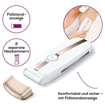 This image shows the electric device from Beurer GmbH with the label „Beurer HL 40 warm wax hair remover | Package (1 piece)“. It is a hair removal device with two heating chambers (heating station) and a fill level indicator. It is shown in use under the armpits. In German captions, features like the beeswax cartridges are described in detail. A removable part of the device is also visible.