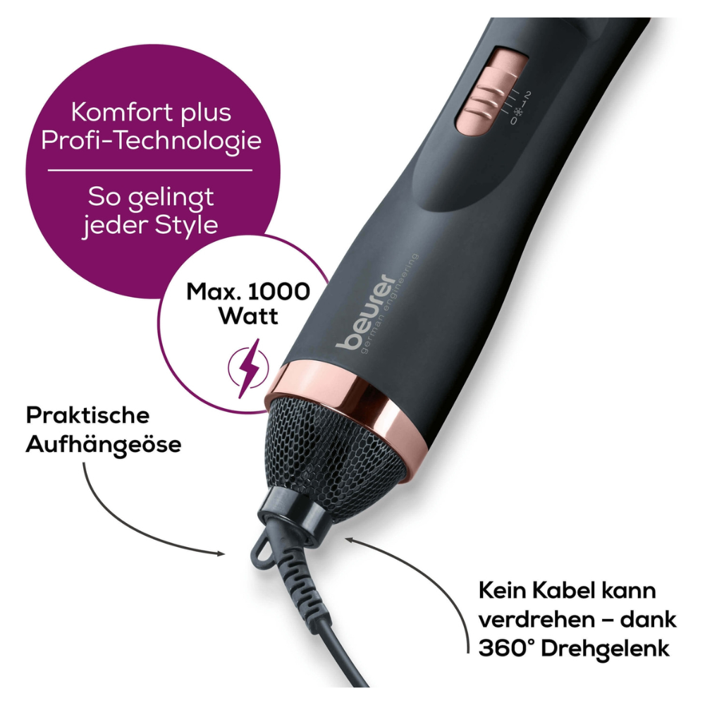 Image of a black Beurer HT 80 rotating hot air brush with rose gold accents. The text highlights features such as 1000 watts of power, a convenient hanging loop, a 360-degree rotating cable joint, and promises professional styling technology with an ionic blow-dry brush.