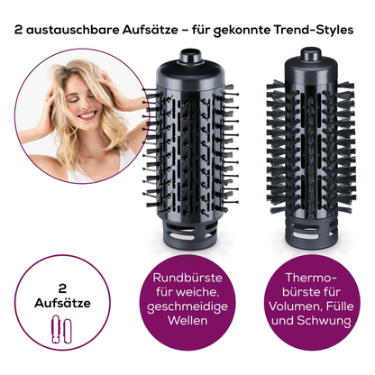 Image with two interchangeable hairbrush attachments for the Beurer HT 80 Rotating Hot Air Brush from Beurer GmbH. The left attachment, a round curling brush for soft waves, is shown next to the right attachment, a thermal brush for volume and bounce. The text is in German and describes the features.