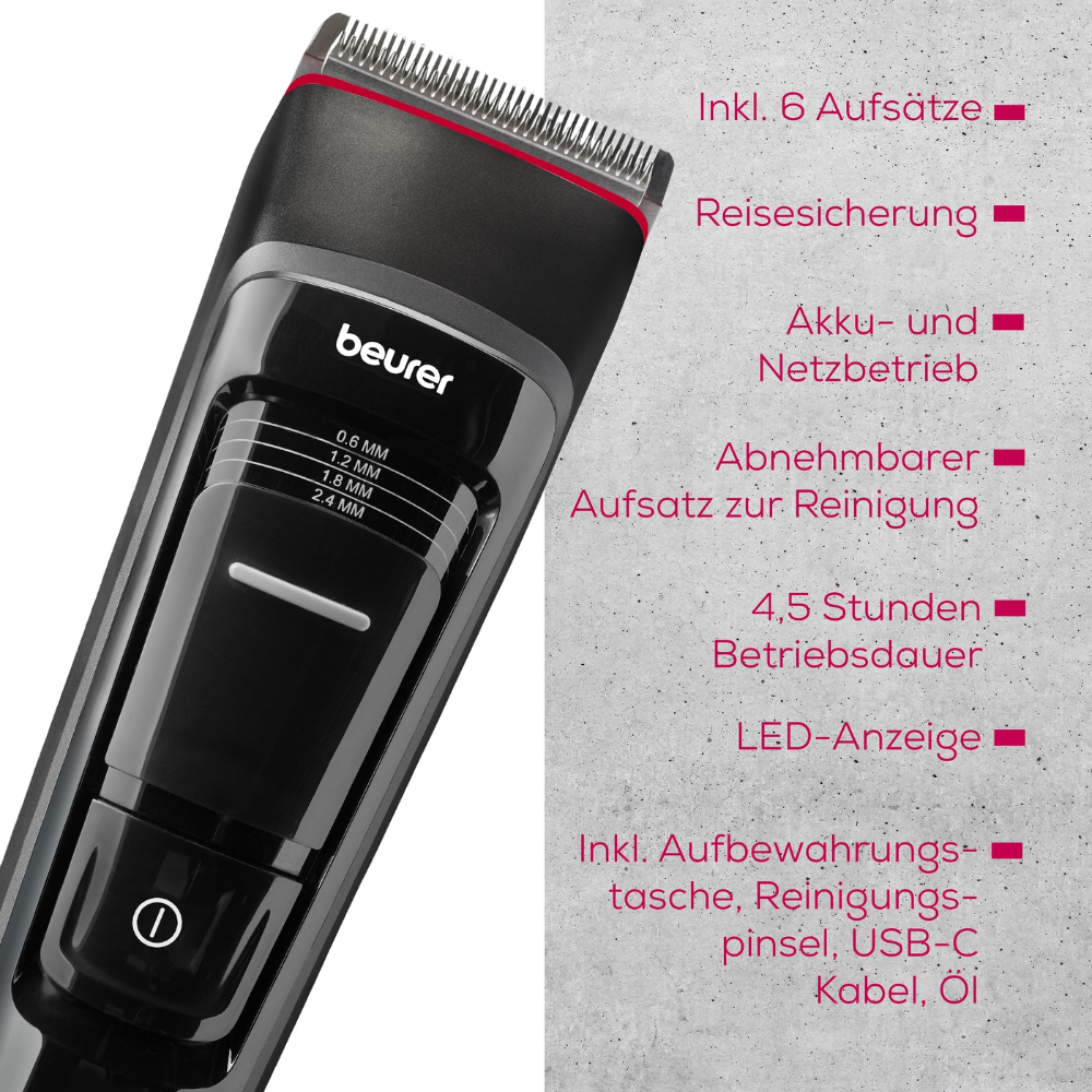 Ein schwarz-roter Beurer Haarschneider MN5X mit dem Markennamen „Beurer GmbH“ darauf. Neben dem Trimmer listet ein deutscher Text die Funktionen auf, darunter sechs Aufsätze, Reisesicherung, Batterie- und Netzbetrieb, abnehmbarer Kopf zum Reinigen, 4,5 Stunden Laufzeit, LED-Display und einstellbare Schnittlängen.