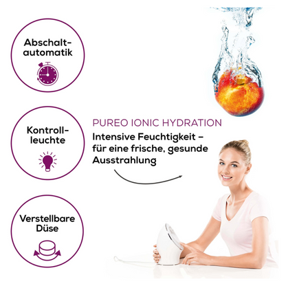 Advertising in German for the "Beurer Ion Facial Sauna FC 72 Pureo Ionic Hydration | Package (1 piece)" by Beurer GmbH, with a woman using a facial sauna. The brand labeling includes symbols for automatic shut-off, control light, and adjustable nozzle, as well as text highlighting intense moisture for a fresh, healthy complexion through deep-cleansing ion technology.