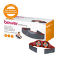 Image of a Beurer MG 151 3D Shiatsu massager from Beurer GmbH with packaging. The massager, specially designed for neck and shoulders, features gray and orange cushions. The packaging bears the inscriptions "3D Shiatsu Massage" and "Wellbeing" in several languages, along with product images to enhance the massage experience.