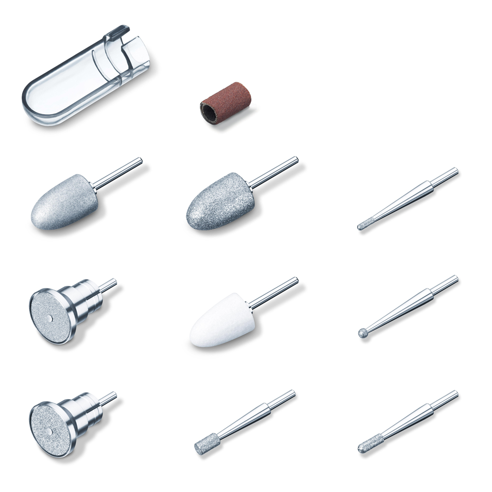 A collection of various rotating tool attachments arranged in a grid pattern. The tools include cylindrical, conical, and spherical shapes with different textures and sizes. Noteworthy are the Beurer MP 100 manicure/pedicure attachments with their sapphire cone for precision work. In the top left, there is a transparent clip next to a small sanding drum.