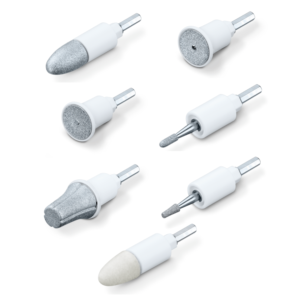 Image of seven different small rotating tool attachments, ideal for use with the Beurer MP 41 manicure/pedicure attachments from Beurer GmbH. These attachments come in various shapes and sizes, including cylindrical, conical, and disc-shaped. Some have a metallic surface, while others have abrasive surfaces suitable for careful manicure and pedicure applications.