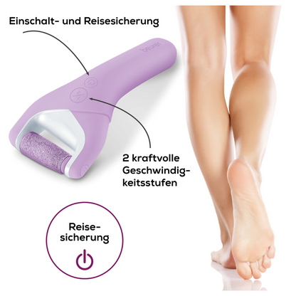 The Beurer MP 59 Wet & Dry Callus Remover, a purple electric callus remover with two power levels and a diamond-coated roller, is displayed next to a text in German. This advanced foot care technology from Beurer GmbH is prominently presented. To the right, a pair of smooth, bare legs from the knees down are visible, with one foot slightly raised at the heel.