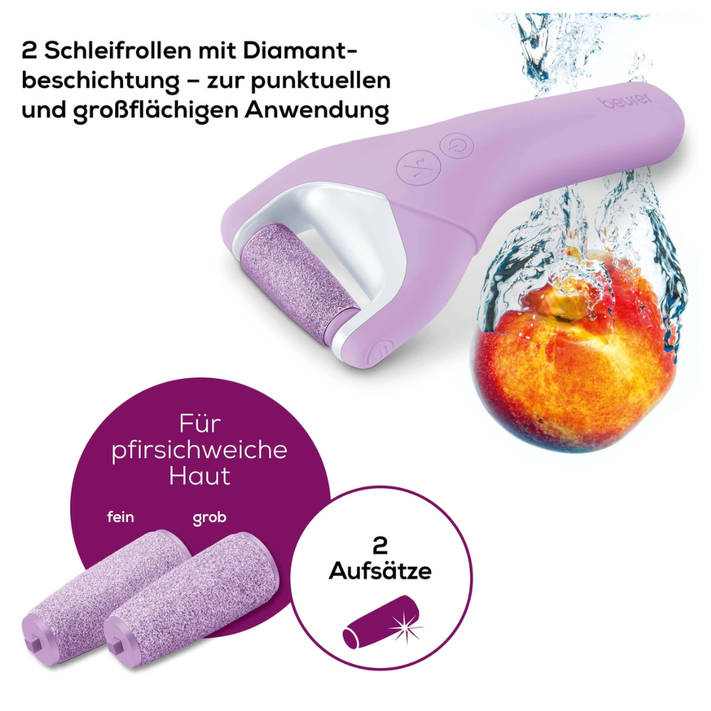 Image of a purple electronic foot file by Beurer GmbH, labeled as Beurer MP 59 Wet & Dry Callus Remover | Package (1 piece), with text in German. Two interchangeable roller heads with diamond coating are shown in close-up: one for fine and the other for coarse filing to achieve 'peach-soft' skin. The callus remover features a powerful lithium-ion battery. The device is shown with a peach being smoothed.