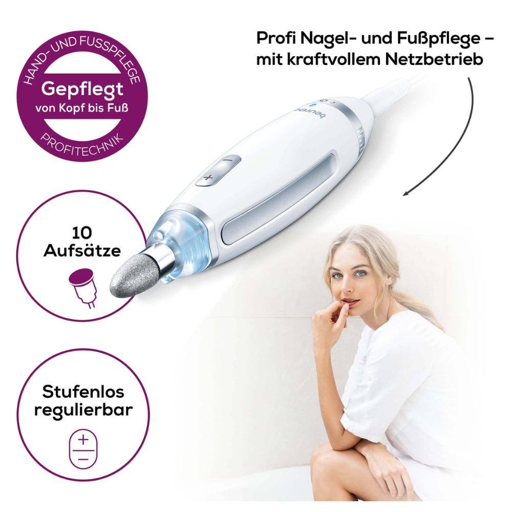 Pictured is a Beurer MP 62 manicure/pedicure set | package (1 piece) from Beurer GmbH with a white handle, attached grinding head, and integrated LED light. The German text highlights the features, including 10 attachments, stepless adjustment, and powerful mains operation. A woman in a white outfit is sitting and touching her cheek.