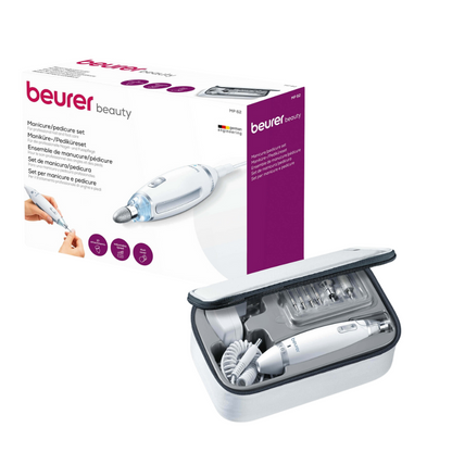 Pictured is the Beurer MP 62 manicure/pedicure set from Beurer GmbH. The set in purple-white packaging with several attachments includes an open carrying case with a zipper. The packaging highlights various product details, including the handy nail drill for precise work.