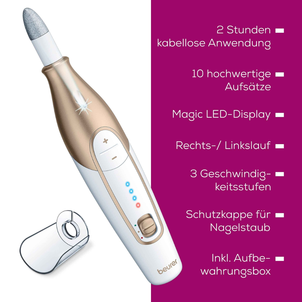 The Beurer MP 64 manicure/pedicure set by Beurer GmbH includes an electric nail file equipped with 10 sapphire and felt attachments. It features a Magic LED display, offers up to 2 hours of cordless operation, supports both right and left rotation with three speed settings, and comes with a protective cap for nail dust and a practical storage box.