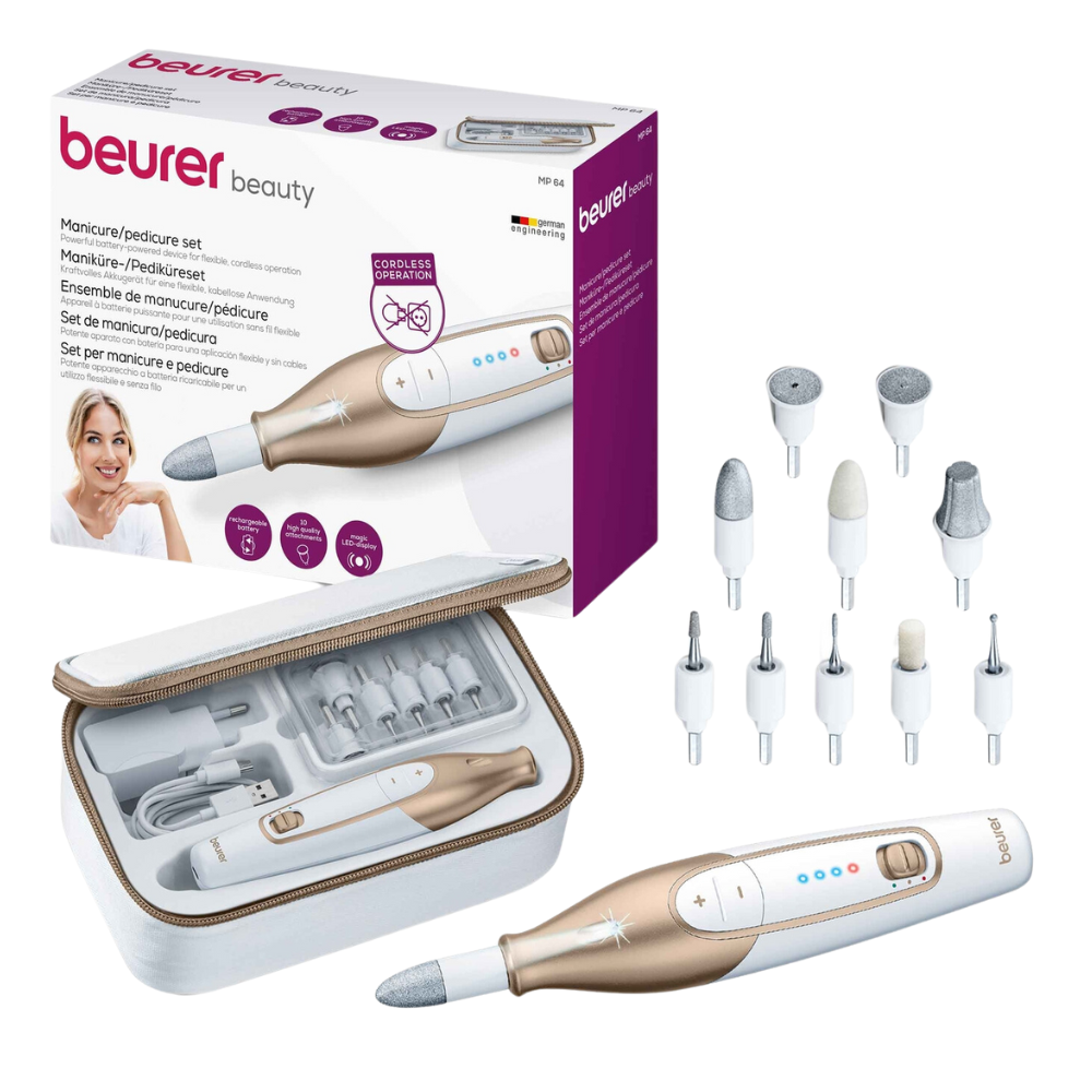 Image of a Beurer MP 64 manicure/pedicure set by Beurer GmbH. The set includes an electric nail file with sapphire and felt attachments, a storage case, and a packaging box. The packaging features an image of the product and a person, along with text detailing product specifications.