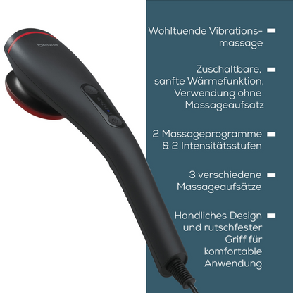 Beurer massage device MG 24 | Package (1 piece) from Beurer GmbH with German text describing its features. The device impresses with an elegant black design with a curved handle and power buttons. Descriptions highlight vibration massage, adjustable heating function, two programs, two intensity levels, and three massage attachments.