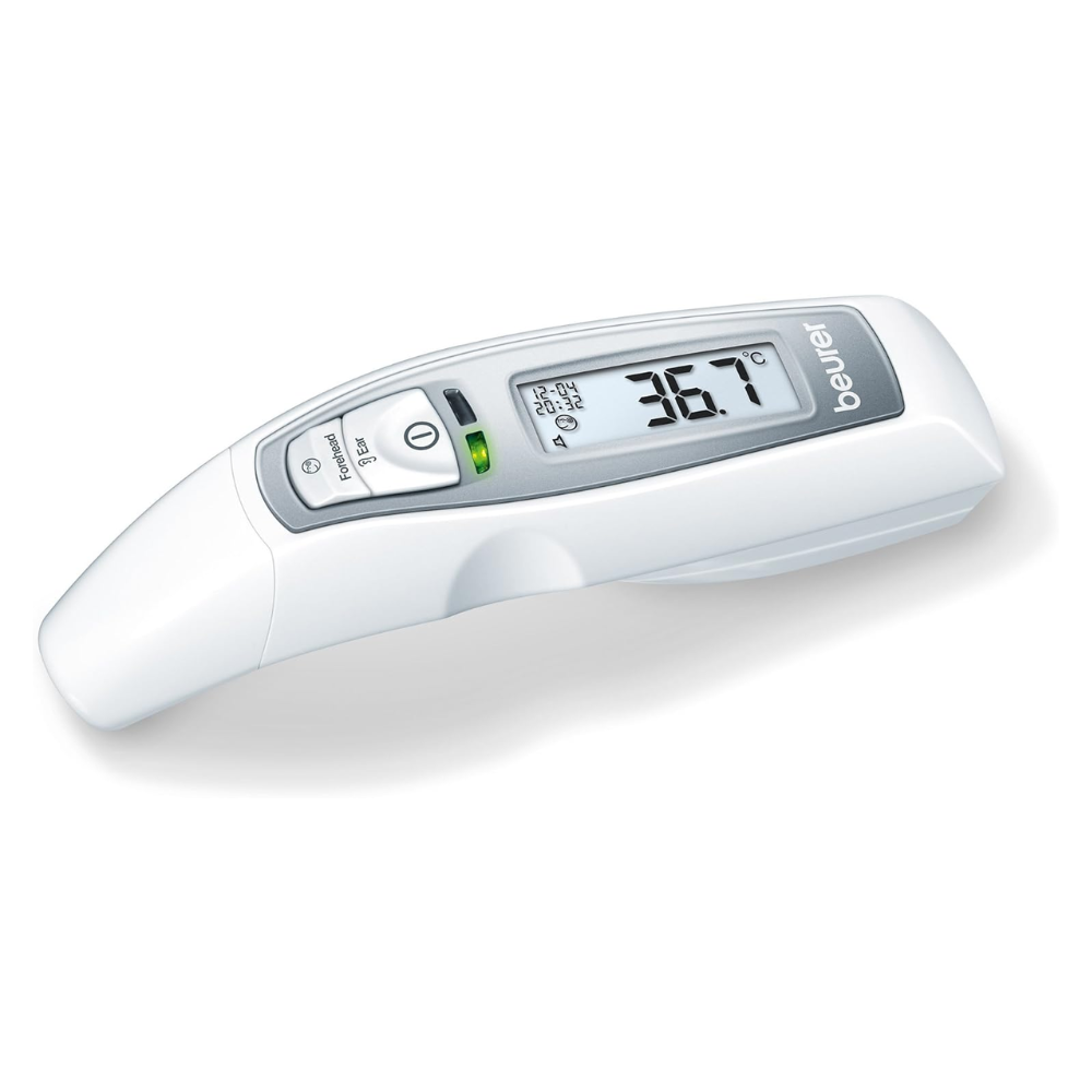 Das weiße Beurer Multifunktions-Thermometer FT 70 der Beurer GmbH verfügt über ein Display mit einer Anzeige von 36,7°C, mehrere Tasten und die Aufschrift "beurer" auf der rechten Seite.
