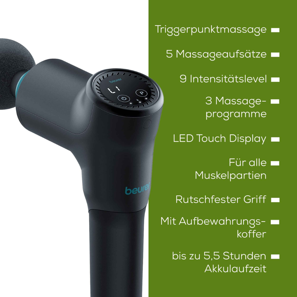 Here is the revised sentence:

An image of the Beurer muscle massage device MG 185 Massage Gun with a description overlay on a green background. Descriptions in German include details such as trigger point massage, 5 massage attachments, 9 intensity levels, 3 massage programs, LED touch display, non-slip grip, storage case, and up to 5.5 hours of battery life for ultimate muscle relaxation.