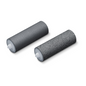 Two black and gray sandpaper rolls from Beurer GmbH (discontinued item: repurchase set MP 28, MP 55, pack of 2 pieces) for the Beurer MP 28 callus remover are depicted with white plastic caps on a white background.
