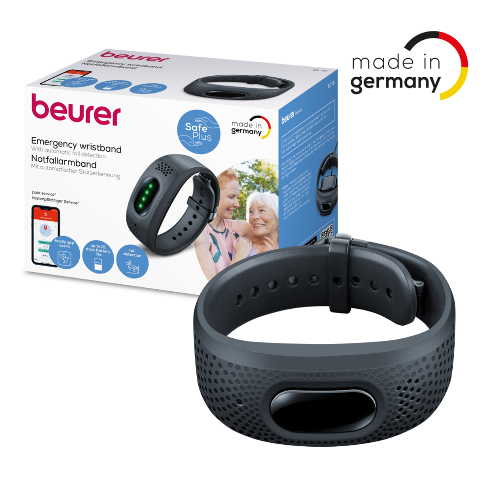 The Beurer emergency bracelet EC 70 SafePlus (discontinued item) by Beurer GmbH is shown in black in front of its sales packaging, which displays images, details, and a circular "Made in Germany" graphic in red, yellow, and black.