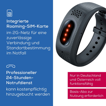 Close-up of the black Beurer emergency bracelet EC 70 SafePlus by Beurer GmbH with LED display, next to a German text listing features like emergency call function, automatic fall detection, roaming SIM card, and service in Germany and Austria.