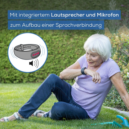 An elderly woman sits in the grass and speaks into a Beurer emergency bracelet EC 70 SafePlus on her wrist. Graphics highlight the speaker, microphone, emergency call function, voice communication, and automatic fall detection of Beurer GmbH.