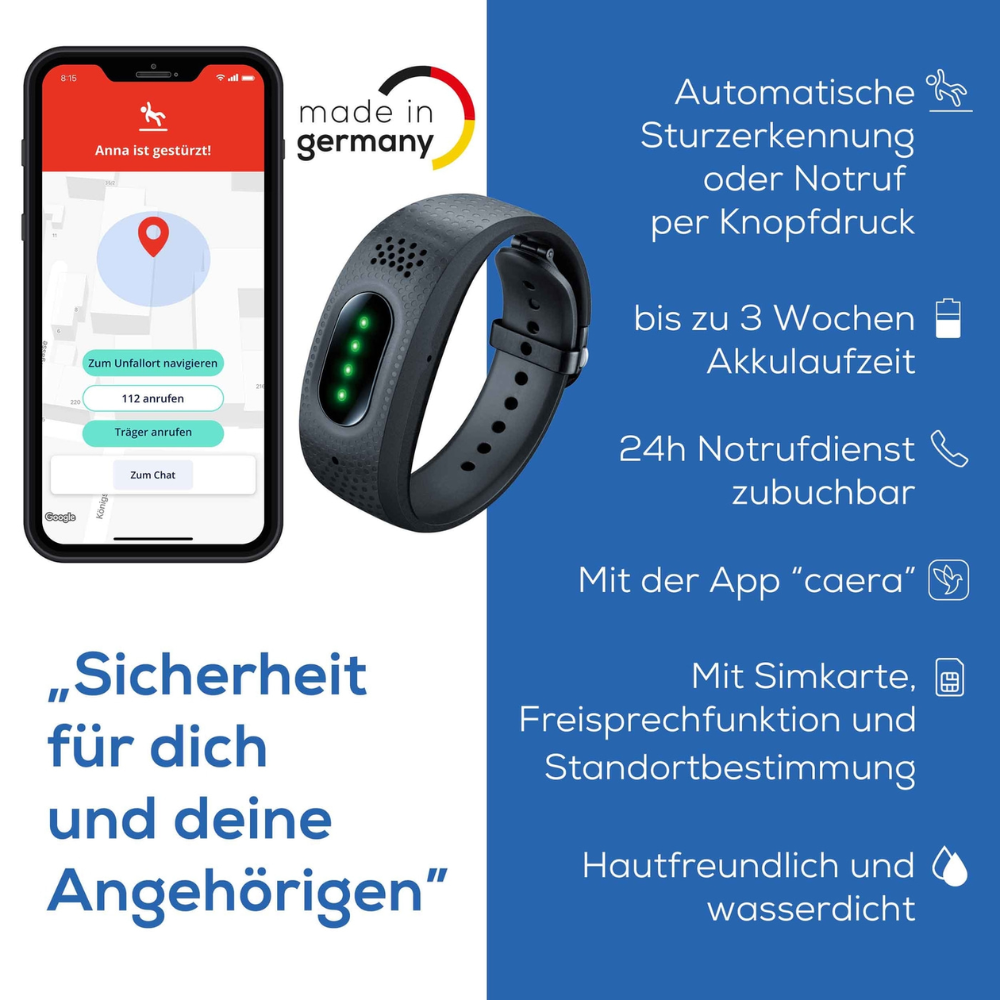 A smartphone displays an emergency app and a black Beurer emergency bracelet EC 70 SafePlus. German text highlights automatic fall detection, long battery life, emergency call function, waterproof design, and skin compatibility.
