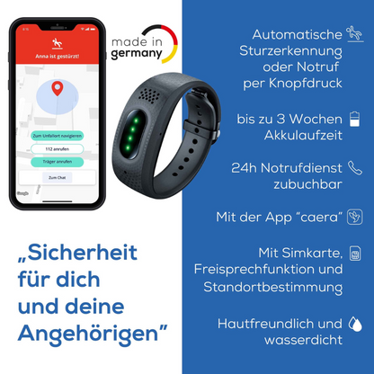 A smartphone displays an emergency app and a black Beurer emergency bracelet EC 70 SafePlus. German text highlights automatic fall detection, long battery life, emergency call function, waterproof design, and skin compatibility.