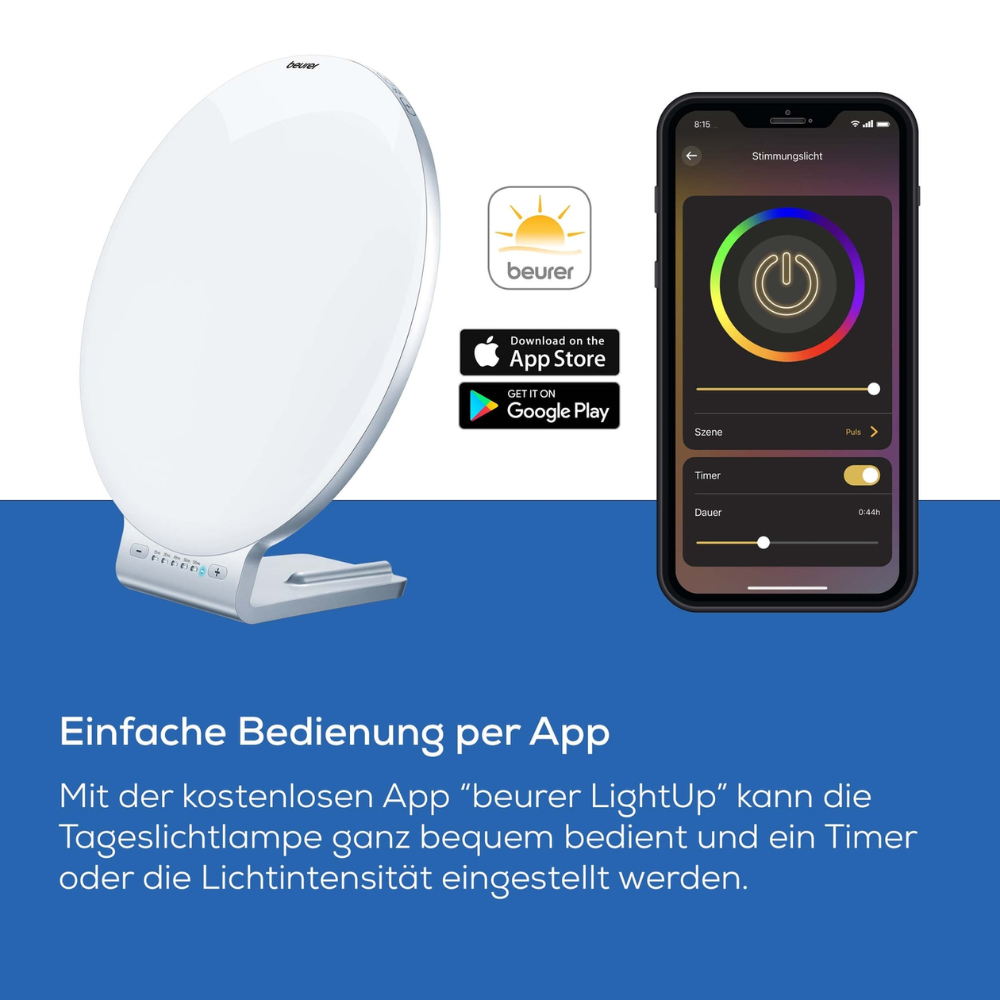 Die Beurer Tageslichtlampe TL 100 (Auslaufartikel) der Beurer GmbH ist in Weiß mit 10.000 Lux neben einem Smartphone mit der LightUp-App abgebildet, die per App-Store-Logos mit iOS und Android kompatibel ist; deutscher Text hebt die App-basierte Steuerung hervor.