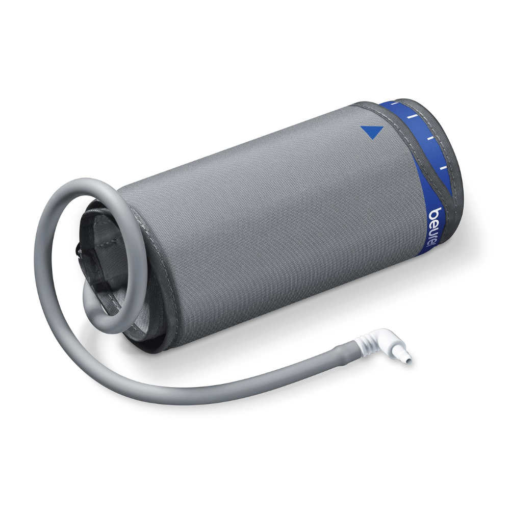 A Beurer GmbH discontinued item: Standard cuff for upper arm blood pressure monitors BM 45, BM 52, BM 48, and BM 49 (1 piece) is presented with coiled hose and brand label as important accessory on white background.