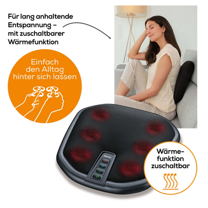 A woman sits smiling with closed eyes on a couch and uses the Beurer FM 70 Shiatsu foot and back massager. The device has multiple buttons and red lights and offers foot and back massages. Text and graphics highlight features like long-lasting relaxation, optional heat function, and relief from everyday stress.