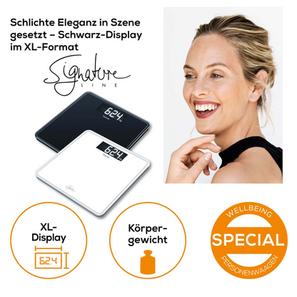 An advertisement image shows a smiling woman and two digital personal scales (one black and one white) displaying "6.24". The text in German promotes the Beurer GS 400 body scale SignatureLine from Beurer GmbH with a large safety glass standing surface and a "Special" sign highlighting its modern design.