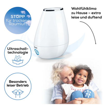 Depicted is a white Beurer LB 37 humidifier from Beurer GmbH. Next to it is the German text “Feel-good climate at home – extra quiet and fragrant.” Below, you will find symbols with corresponding German text about ultrasonic humidification technology and quiet operation. An older woman and a small child smile together.