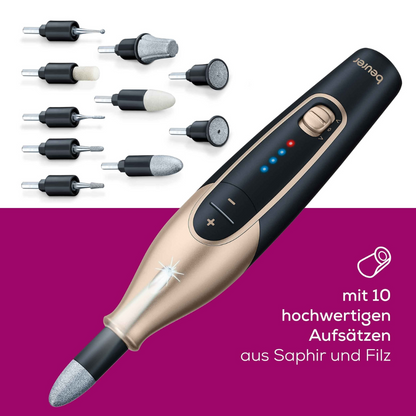 On a purple background, a Beurer MP 84 rechargeable manicure & pedicure set from Beurer GmbH is depicted. The set includes a cordless nail drill and ten interchangeable sapphire & felt attachments for nail care. The text points out "with 10 high-quality sapphire and felt attachments."