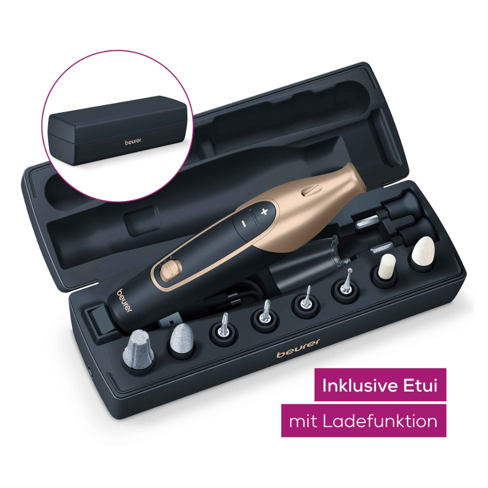 A stylish black and gold rechargeable manicure & pedicure set Beurer MP 84 is presented in an open black carrying case. This premium set from Beurer GmbH includes 10 sapphire & felt attachments for careful nail care. An inserted image in the upper left corner shows the closed case, and the text at the bottom right points out "Includes case with charging function."