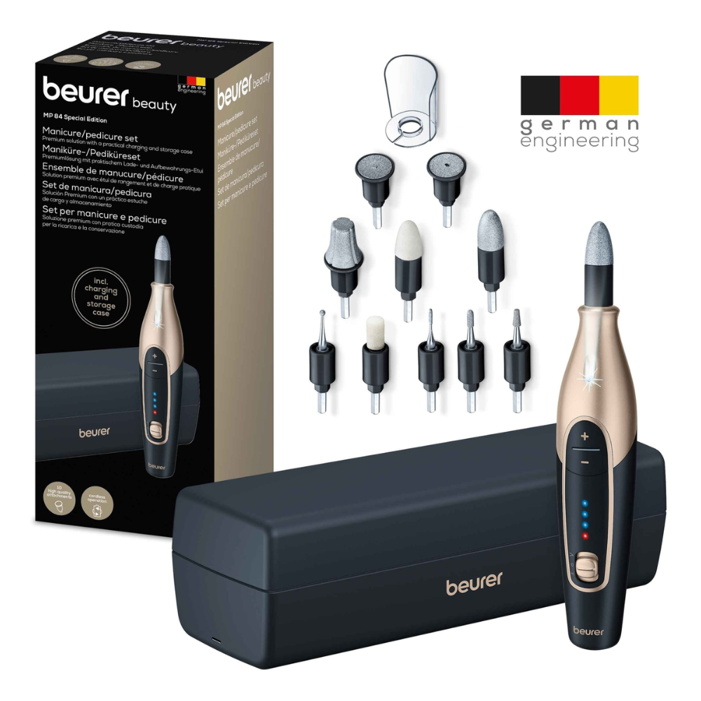 Image of a rechargeable manicure and pedicure set MP 84 by Beurer GmbH. The set is presented outside of the packaging, highlighting "German engineering." Included in the delivery are 10 sapphire and felt attachments, the main device, a protective cap, and an elegant black storage case.