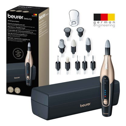 Image of a rechargeable manicure and pedicure set MP 84 by Beurer GmbH. The set is presented outside of the packaging, highlighting "German engineering." Included in the delivery are 10 sapphire and felt attachments, the main device, a protective cap, and an elegant black storage case.