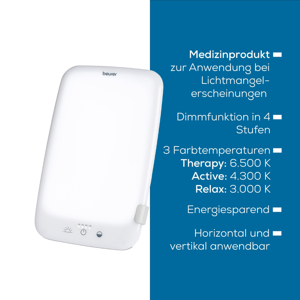 Image of the Beurer daylight lamp TL 35 on a white background. The lamp is white and rectangular with rounded edges. The text in the image describes the product features, including adjustable brightness with a dimmer, three color temperatures, and energy efficiency. The product is manufactured by Beurer GmbH and delivered in a package with one piece.