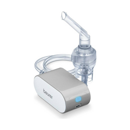 The discontinued item: Beurer small inhaler IH 58 from Beurer GmbH is a portable nebulizer with a transparent mask, hose, compact white-gray base, and USB charging station - perfect for managing asthma or respiratory diseases.