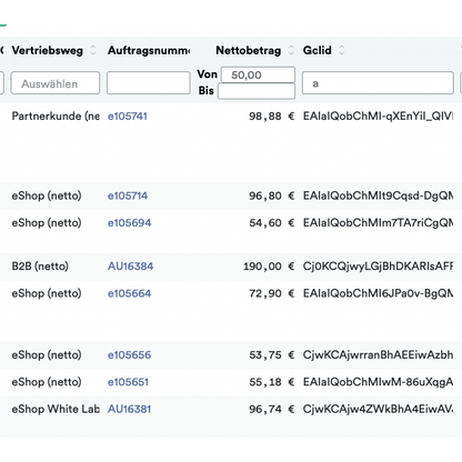 Screenshot of a digital document displaying a list of transactions with columns for selection, type of business, customer ID, amount, and currency. Each row shows different transaction details related to Altran – Weclapp to Google Offline Conversion Upload.